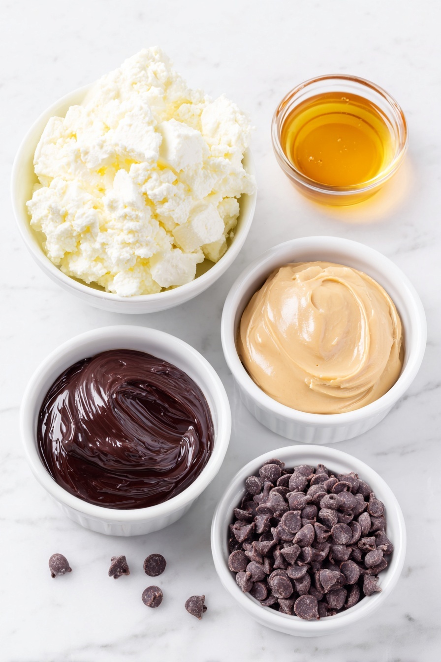 Flaches Liegen aus einem kleinen Haufen frischem, vollfettem Hüttenkäse, einer kleinen weißen Keramikschale gefüllt mit goldenem Honig, einer kleinen weißen Keramikschale mit glatter, cremiger Erdnussbutter, einer kleinen weißen Keramikschale mit glänzenden, dunklen Schokoladenstückchen, alle perfekt symmetrisch angeordnet, auf einer sauberen weißen Marmoroberfläche platziert, weiches natürliches Licht, Foto mit einem iPhone aufgenommen,  Professioneller Food-Fotografie-Stil, frische Zutaten, weiße Keramikschalen, keine Flaschen, keine Duplikate, kein Besteck, keine Verpackung --ar 2:3 --v 7 --p m7354615311229779997 - Hüttenkäse-Eis mit Erdnussbutter, gesundes Hüttenkäse-Dessert, eiweißreiches Eis, einfache Erdnussbutter-Tiefkühl-Leckerei, kalorienarme Eiscreme-Rezepte