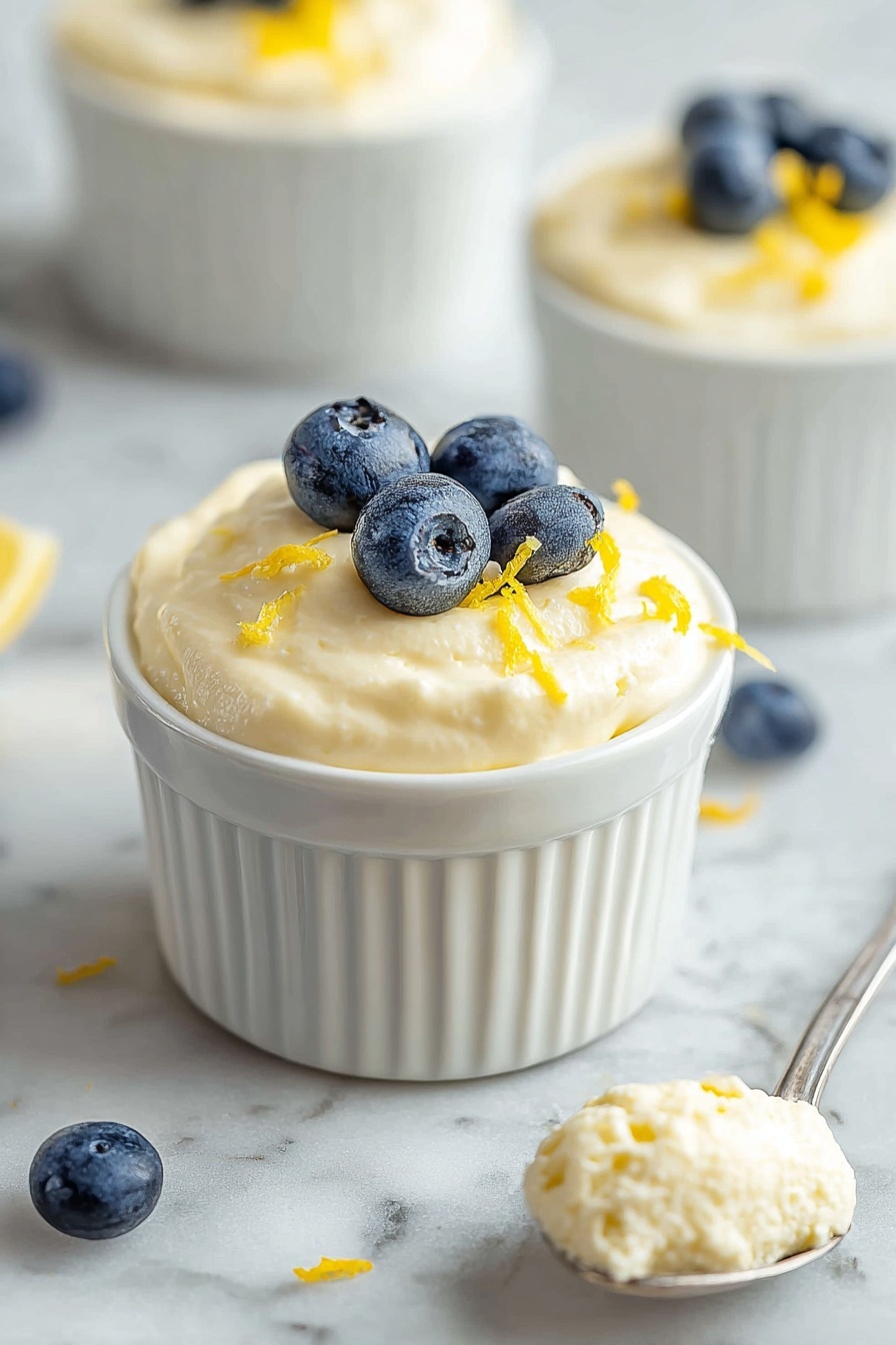 High-Protein Cottage Cheese Lemon Mousse Recipe 6 A small white ramekin cup filled with two thick layers of light creamy yellow mousse, topped with three fresh dark blue blueberries and thin strands of bright yellow lemon zest. Around the cup, there are a few scattered blueberries and lemon zest bits on a white marbled surface. In front, a silver spoon holds a scoop of the same creamy mousse, slightly textured, resting on the surface. In the background, another white ramekin with the same mousse and toppings is slightly blurred. Photo taken with an iphone --ar 2:3 --v 7 - High-Protein Cottage Cheese Lemon Mousse,healthy protein dessert,quick lemon mousse,low-fat cottage cheese dessert,healthy snack ideas