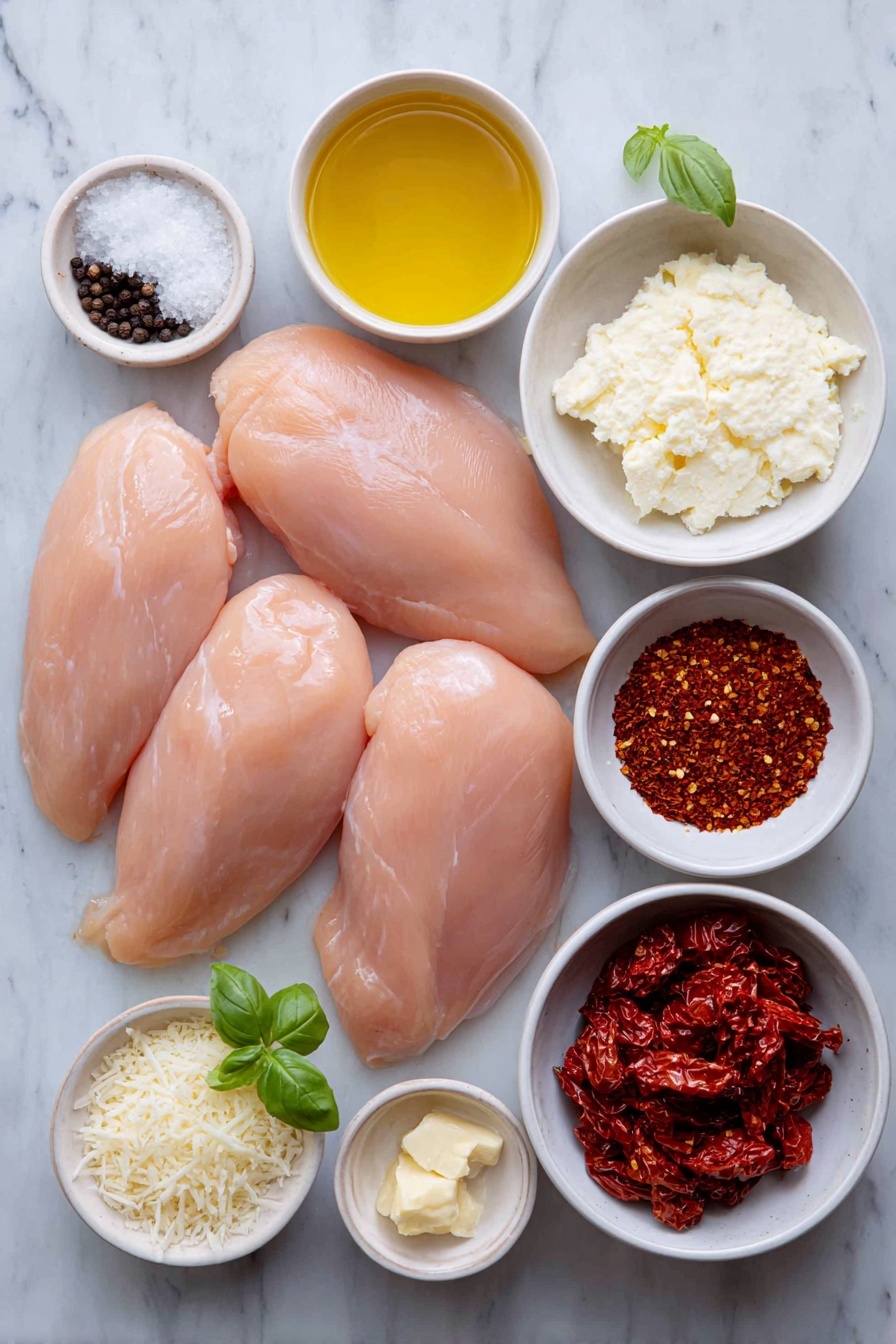 Flache Platte aus drei großen, knochenlosen, hautlosen Hähnchenbrusten mit glatter, blassrosa Haut, einem kleinen Haufen grober Salzkristalle, einem kleinen Haufen frisch zerbrochener schwarzer Pfefferkörner, einer kleinen weißen Keramikschale gefüllt mit goldenem Olivenöl, einer kleinen weißen Keramikschale mit gehackten frischen Knoblauchzehen, einer kleinen weißen Keramikschale mit klarer, natriumarmer Hühnerbrühe,  eine kleine weiße Keramikschale gefüllt mit dicker, cremefarbener Sahne, eine kleine weiße Keramikschale mit fein geriebenem frischem Parmesan, ein kleiner Haufen glänzender, tiefroter, sonnengetrockneter Tomaten, verpackt in Öl, ein kleiner Haufen getrockneter Oreganoblätter, ein kleiner Haufen zerstoßener roter Pfefferflocken und einige frische Basilikumblätter in leuchtend grüner Farbe,  Alle Zutaten symmetrisch und ausgewogen mit perfekten Proportionen angeordnet, auf einer sauberen weißen Marmoroberfläche platziert, sanftes natürliches Licht, Foto mit einem iPhone, professioneller Food-Fotografie-Stil, frische Zutaten, weiße Keramikschalen, keine Flaschen, keine Duplikate, kein Besteck, keine Verpackung --ar 2:3 --v 7 --p m7354615311229779997 - Marry Me Chicken in Sun-Dried Tomato Cream Sauce, Sun-Dried Tomato Chicken,  Cremiges, sonnengetrocknetes Tomatenhähnchen, einfaches Hähnchenpasta-Abendessen, romantisches Hähnchen-Hauptgericht