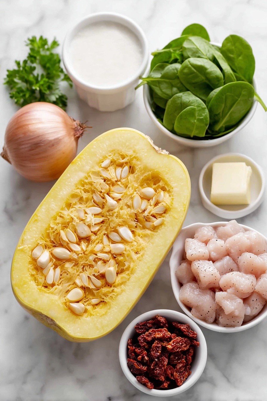 Flache Platte aus einem halbierten mittleren Spaghetti-Kürbis, der sein leuchtend gelbes Fruchtfleisch und seine Samen zeigte, ein Haufen mundgerechter, roher, knochenloser, hautloser Hühnerstücke, gewürzt mit Salz, Pfeffer und italienischem Gewürz, vier geschälte ganze Knoblauchzehen, eine ganze Schalotten-Schalotte mit purpurweißer Haut, ein kleiner Haufen juliengeschnittener, sonnengetrockneter Tomaten, eine kleine weiße Keramikschale gefüllt mit Sahne,  eine kleine weiße Keramikschale mit geriebenem Parmesan, eine Handvoll frischer Babyspinatblätter, ein paar Zweige frischer grüner Petersilie und zwei Esslöffel Butter in einer kleinen weißen Keramikschale, alles symmetrisch auf einer sauberen weißen Marmoroberfläche angeordnet, weiches natürliches Licht, Foto mit einem iPhone, professioneller Food-Fotografie-Stil, frische Zutaten,  Weiße Keramikschalen, keine Flaschen, keine Duplikate, kein Besteck, keine Verpackung --ar 2:3 --v 7 --p m7354615311229779997 - Toskanisches Hähnchen mit Spaghettikürbis, gesundes toskanisches Hähnchenrezept, kohlenhydratarme Hühnerpasta, cremiges Knoblauchhähnchen mit Kürbis, einfaches italienisches Hähnchen-Abendessen