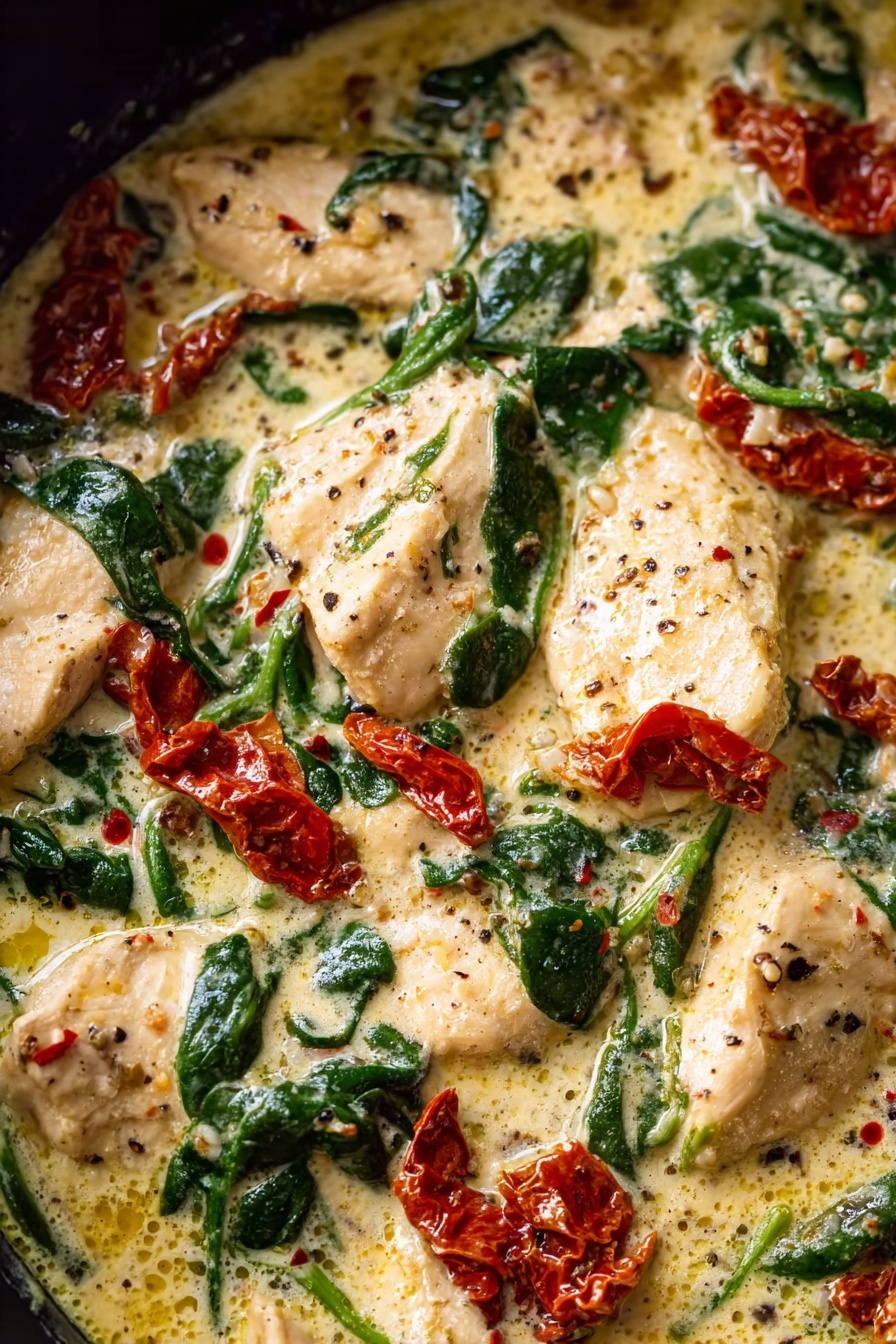 Creamy Tuscan Chicken in Crockpot Recipe 6 The image shows a dish in a pot filled with several pieces of light beige cooked chicken covered in a creamy white sauce with specks of black pepper and herbs. Scattered on top and around the chicken are bright green spinach leaves and vibrant red sun-dried tomatoes. The sauce is smooth and slightly shiny, pooling around the chicken and vegetables, giving a rich texture to the dish. The overall colors range from creamy white to deep green and red, layered closely in a deep pot. The background is a white marbled texture photo taken with an iphone --ar 2:3 --v 7 - Creamy Tuscan Chicken, Crockpot Chicken Recipes, Easy Slow Cooker Chicken, Sun-Dried Tomato Chicken, Spinach Chicken Dinner