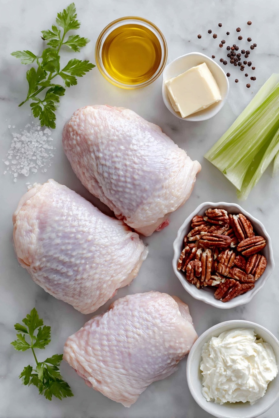 Southern Chicken Salad with Pecans Recipe 7 Flat lay of four raw chicken breasts with skin-on and bone-in, a small white bowl of golden olive oil, coarse salt crystals scattered, whole black peppercorns, a small white bowl holding a pale yellow pat of butter, a small white bowl with chopped toasted pecans, three fresh celery ribs with leaves, a small white bowl filled with creamy white mayonnaise, placed on a clean white marble surface, soft natural light, photo taken with an iPhone, professional food photography style, fresh ingredients, white ceramic bowls, no bottles, no duplicates, no utensils, no packaging --ar 2:3 --v 7 --p m7354615311229779997 - Southern Chicken Salad with Pecans, chicken salad with pecans, southern chicken salad, pecan chicken salad recipe, comforting chicken salad