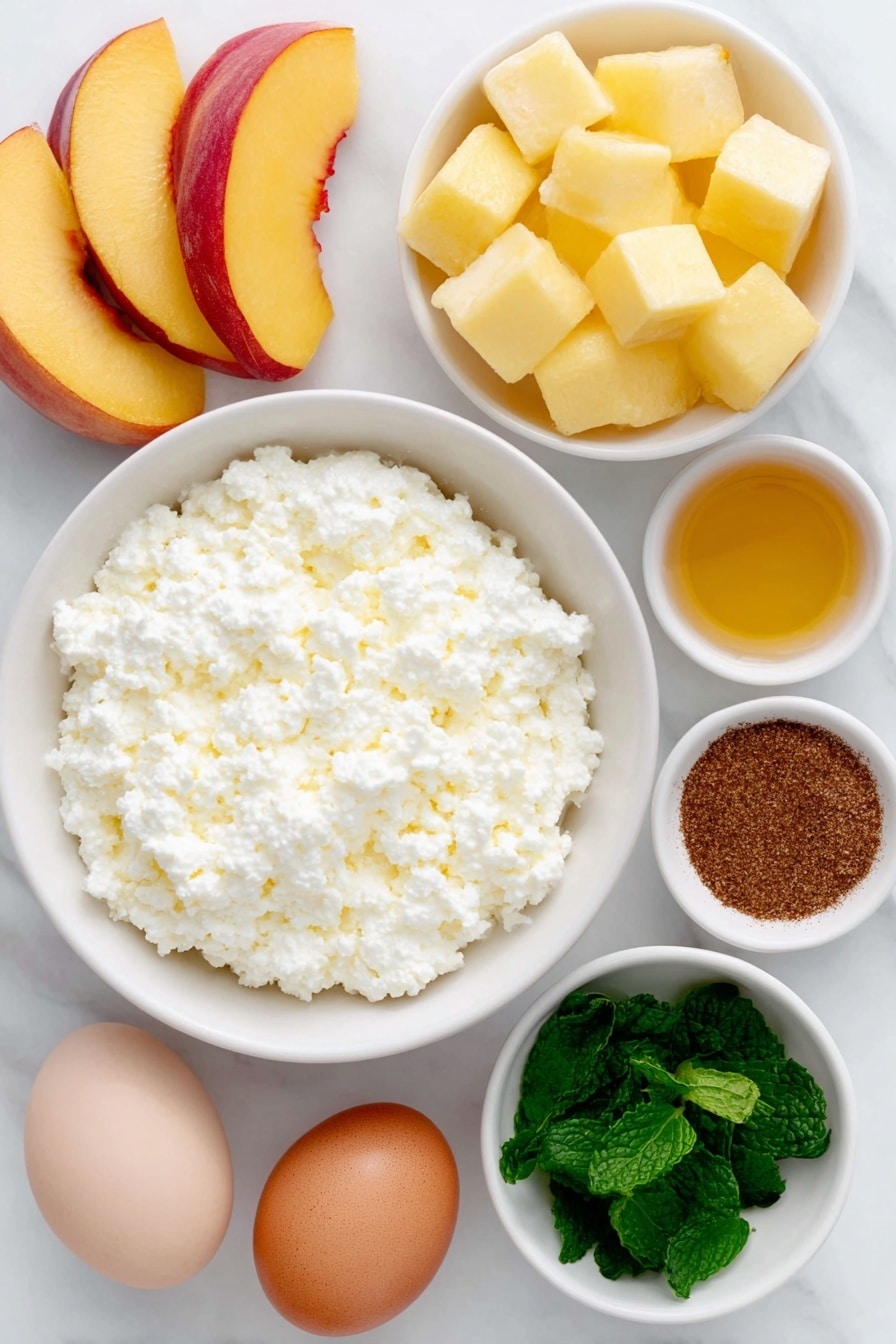 Flach lag eine kleine weiße Keramikschale, gefüllt mit frischem, cremigem Hüttenkäse, ein paar ordentlich gewürfelte Stücke eines reifen Pfirsichs mit leuchtend orangefarbener und roter Schale daneben, eine kleine weiße Schale mit goldenem Honig, ein paar leuchtend grüne, frisch gehackte Minzblätter, die neben einer kleinen weißen Schale mit warmem, braunem gemahlenem Zimtpulver angeordnet waren,  ein ganzes unzerbrochenes, braunschaliges Ei in der Nähe, alle Zutaten perfekt symmetrisch verteilt, auf einer sauberen weißen Marmoroberfläche platziert, weiches natürliches Licht, Foto mit einem iPhone, professioneller Food-Fotografie-Stil, frische Zutaten, weiße Keramikschalen, keine Flaschen, keine Duplikate, kein Besteck, keine Verpackung --ar 2:3 --v 7 --p m7354615311229779997 - Hüttenkäse und Pfirsichparfait,  Gesunde Frühstücksideen, schnelle Snackrezepte, einfache Fruchtparfaiten, Sommerparfaits