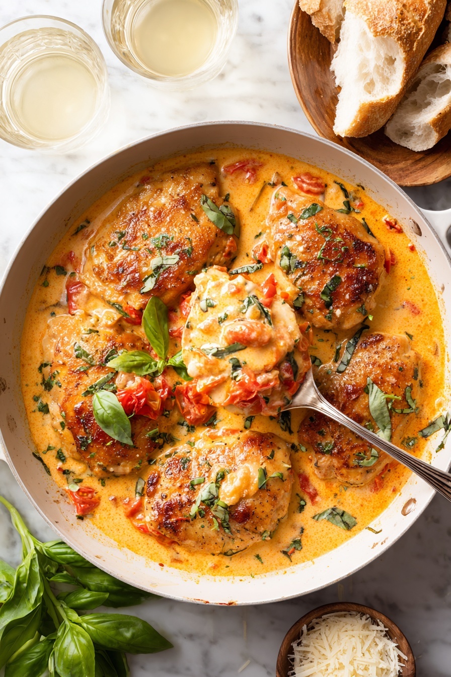 Eine weiße Pfanne enthält vier gebräunte Hühnerstücke, die mit einer cremigen Sauce bedeckt sind, mit sichtbaren Stücken roter Tomaten und grünen Kräutern, die gleichmäßig auf und um das Hühnchen verteilt sind. Die Sauce ist dick und orange mit einer glatten Textur, umgibt das Hähnchen und füllt den Boden der Pfanne. Um die Pfanne auf einer weiß marmorierten Oberfläche liegen zerrissene Stücke knusprigen Brotes, frische grüne Basilikumblätter, eine kleine Schüssel geriebenem Käse und zwei Gläser blasser Weißwein, alle sanft von oben angezündet. Foto aufgenommen mit einem iPhone --ar 2:3 --v 7 - Marry Me Chicken in sonnengetrockneter Tomatencremesauce, sun-getrocknetes Tomatenhähnchen, cremiges sonnengetrocknetes Tomatenhähnchen, Easy Chicken Pasta Dinner, romantisches Hähnchen-Hauptgericht