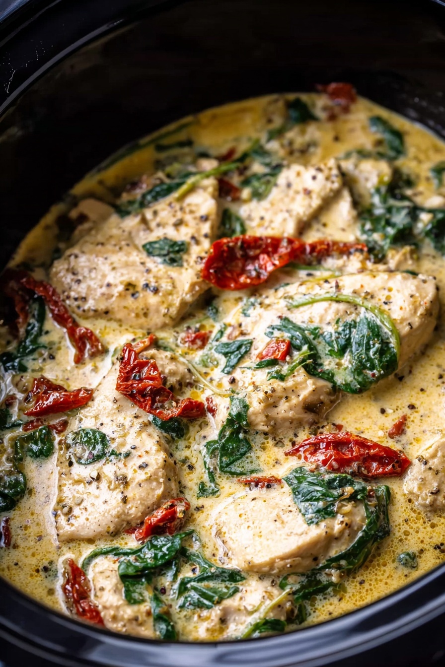 Creamy Tuscan Chicken in Crockpot Recipe 8 The dish shows several pieces of cooked light beige chicken layers covered in a creamy yellow sauce with green spinach leaves and small dark red sun-dried tomatoes scattered on top. The sauce has a smooth, slightly thick texture with visible black pepper and herb specks sprinkled throughout. All the ingredients sit inside a black cooking pot with a shiny surface, and the creamy sauce pools partially around the chicken. The colors contrast well with the white marbled texture background. photo taken with an iphone --ar 2:3 --v 7 - Creamy Tuscan Chicken, Crockpot Chicken Recipes, Easy Slow Cooker Chicken, Sun-Dried Tomato Chicken, Spinach Chicken Dinner