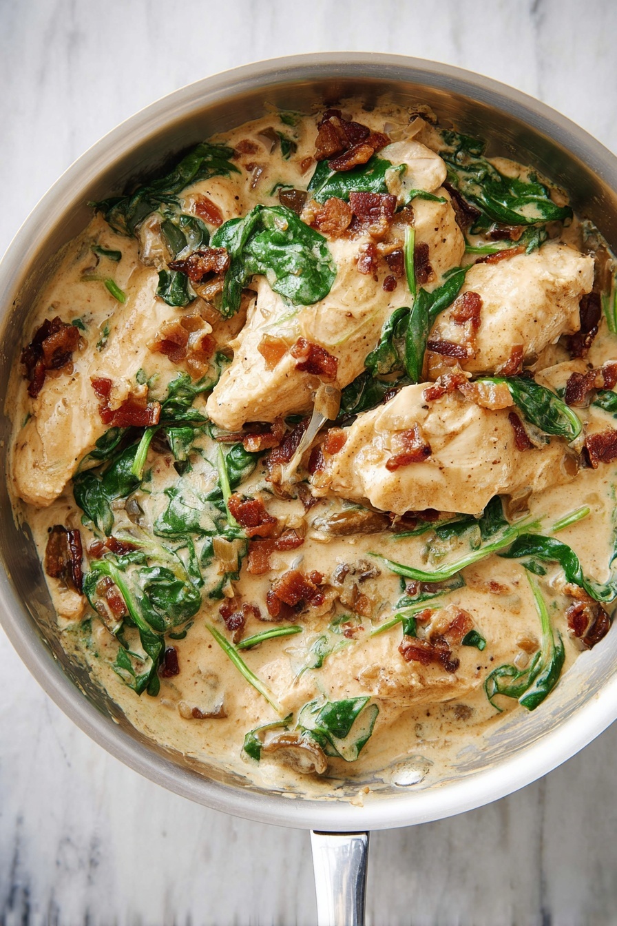 Creamy Tuscan Chicken Recipe 6 This image shows a metal pan filled with a creamy dish made of cooked light brown pieces of chicken layered with crispy brown bacon bits and bright green spinach leaves mixed in a thick beige sauce that coats everything evenly. The chicken pieces are placed close together, with the bacon and spinach spread throughout, giving a rich and creamy texture. The pan sits on a white marbled surface. photo taken with an iphone --ar 2:3 --v 7 - Creamy Tuscan Chicken, Tuscan Chicken dinner, healthy chicken recipes, easy skillet chicken, flavorful chicken with spinach and sun-dried tomatoes