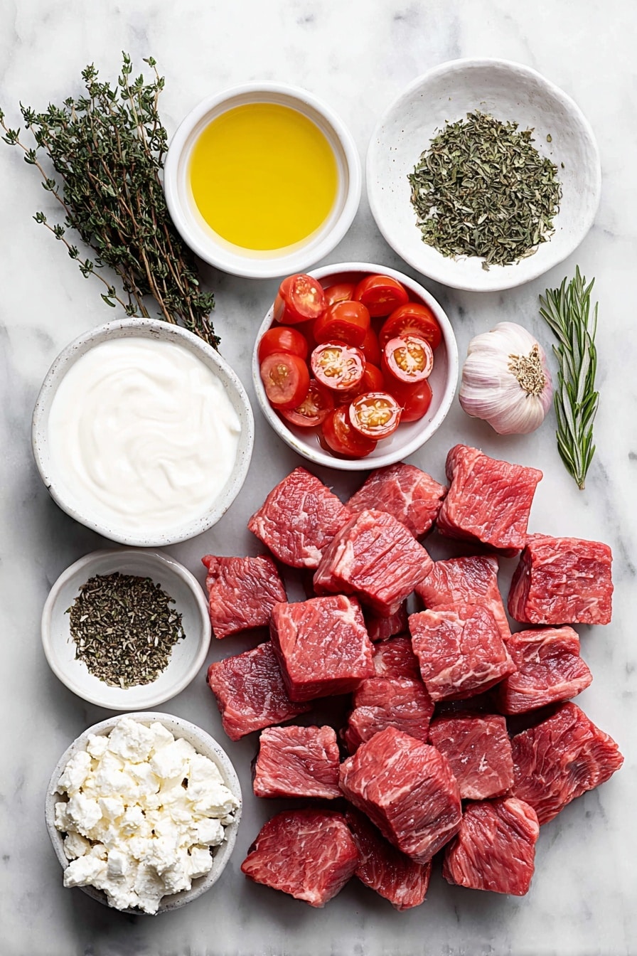 Mediterranean Steak Bites with Yogurt Sauce Recipe 7 Flat lay of fresh raw steak cubes, a few bright red grape tomatoes halved, a small handful of fresh green thyme sprigs, fresh rosemary sprigs, a small pile of dried oregano leaves, two whole garlic cloves, a small white ceramic bowl of creamy plain Greek yogurt, a small white ceramic bowl of clear golden olive oil, a small white ceramic bowl of bright yellow lemon juice, a small white ceramic bowl of crumbled white feta cheese, and a few sprigs of fresh green dill placed on a clean white marble surface, soft natural light, photo taken with an iPhone, professional food photography style, fresh ingredients, white ceramic bowls, no bottles, no duplicates, no utensils, no packaging --ar 2:3 --v 7 --p m7354615311229779997 - Mediterranean Steak Bites with Yogurt Sauce, Greek steak bites recipe, juicy steak appetizer with yogurt, quick Mediterranean steak snack, flavorful steak bites with sauce