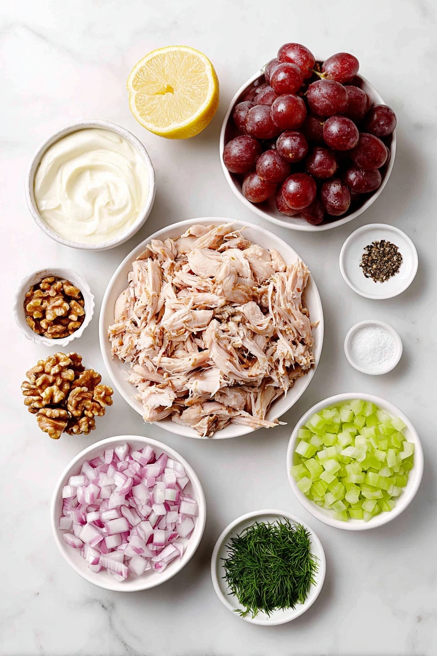 Chicken and Grape Salad Recipe 7 Flat lay of cooked shredded chicken breasts, red seedless grapes halved, chopped celery sticks, finely chopped red onion, chopped walnuts, small white bowl of creamy mayonnaise, small white bowl of fresh lemon juice, small white bowl of finely chopped fresh dill, small white bowl of salt, small white bowl of black pepper, all arranged with perfect symmetry on a clean white marble surface, soft natural light, photo taken with an iPhone, professional food photography style, fresh ingredients, white ceramic bowls, no bottles, no duplicates, no utensils, no packaging --ar 2:3 --v 7 --p m7354615311229779997 - Chicken and Grape Salad, Chicken and Grape Salad Ingredients, Easy Chicken and Grape Salad, Healthy Chicken Grape Salad, Quick Chicken Salad with Grapes