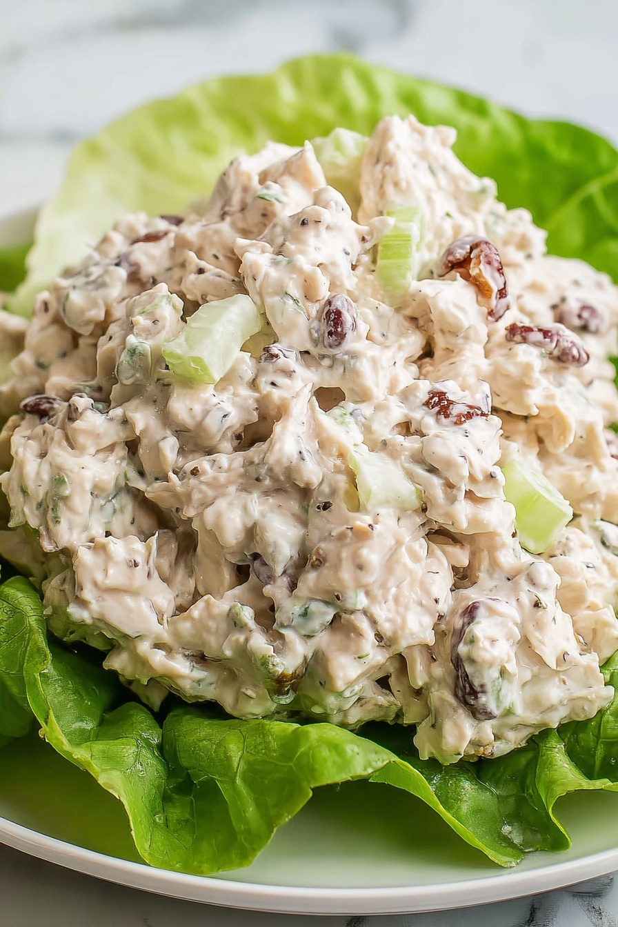 Southern Chicken Salad with Pecans Recipe 8 The dish shows a creamy chicken salad served on a base layer of bright green leafy lettuce. The salad is thick with chunks of soft white chicken mixed with small pieces of light green celery and some small dark brown bits, possibly nuts or bacon. The chicken salad has a pale creamy color with specks of black pepper. All this is placed on a simple white plate against a white marbled texture background. photo taken with an iphone --ar 2:3 --v 7 - Southern Chicken Salad with Pecans, chicken salad with pecans, southern chicken salad, pecan chicken salad recipe, comforting chicken salad