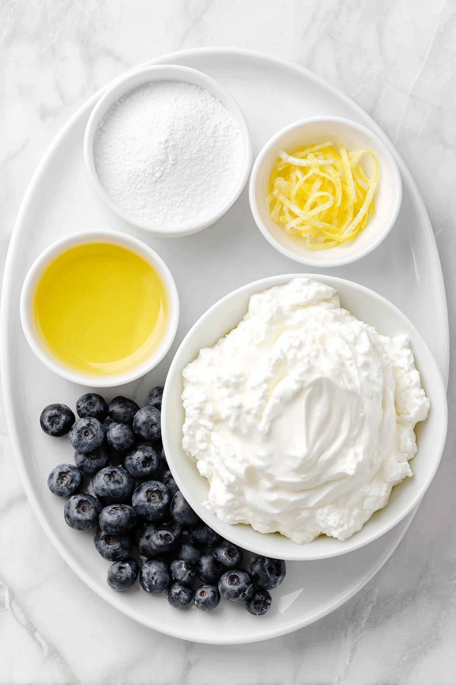 Flach lag aus einem kleinen Haufen frischen, vollfettigen Hüttenkäse, einer kleinen weißen Keramikschale gefüllt mit feinem Süßpulver, einer kleinen weißen Schale mit hellem frischem Zitronensaft, ein paar dünnen Streifen leuchtend gelber Zitronenschale, ordentlich arrangiert, einer kleinen weißen Schale mit blasser Sahne und einer Handvoll praller frischer Blaubeeren neben den Schalen,  alle symmetrisch auf einem einfachen weißen Keramikteller platziert, auf einer sauberen weißen Marmoroberfläche, weiches natürliches Licht, Foto mit einem iPhone, professioneller Food-Fotografie-Stil, frische Zutaten, weiße Keramikschalen, keine Flaschen, keine Duplikate, kein Besteck, keine Verpackung --ar 2:3 --v 7 --p m7354615311229779997 - Proteinreicher Hüttenkäse mit Zitronenmousse, gesundes Protein-Dessert, schnelle Zitronenmousse, Fettarmes Hüttenkäsedessert, gesunde Snackideen