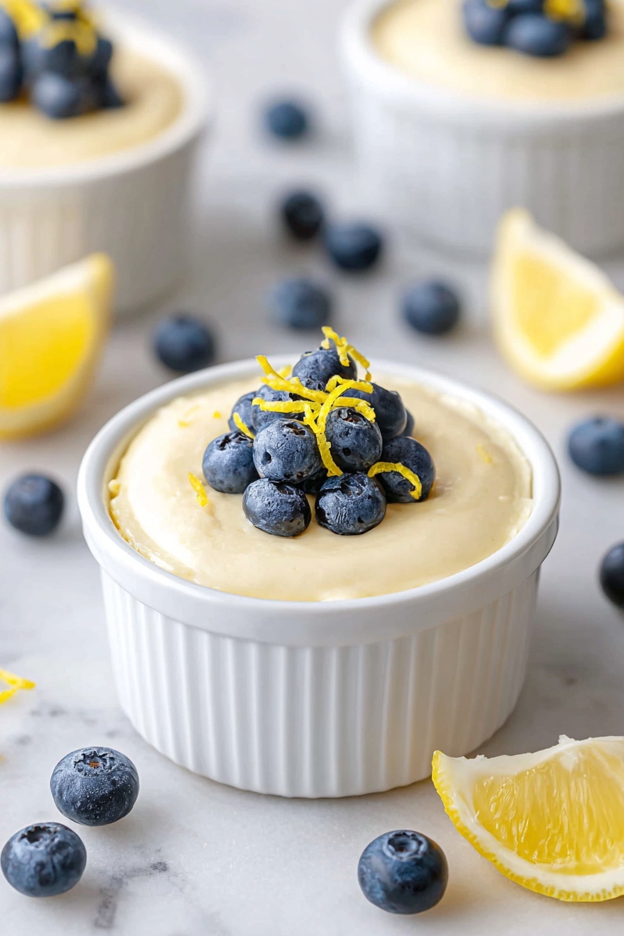 Auf dem Bild befindet sich ein weißes Keramik-Ramekin, gefüllt mit einem cremigen, glatten, blassgelben Dessert. Das Dessert wird mit einer kleinen Büschel frischer, praller Blaubeeren und dünnen Strängen leuchtend gelber Zitronenschale garniert, die leicht über der Oberfläche liegen. Verstreute Blaubeeren und Zitronenscheibe werden auf die weiß marmorierte Oberfläche um die Ramekin gelegt und sorgen für Farbkontrast. Im Hintergrund sind noch ein paar weitere Ramekins mit demselben Dessert zu sehen, die sanft verschwommen sind. Das Gesamtbild ist sauber und frisch mit einem sanften Fokus auf dem vorderen Ramekin, Foto mit einem iPhone aufgenommen – ar 2:3 – V 7 – Proteinreicher Hüttenkäse mit Zitronenmousse, gesunder Protein-Dessert, schnelle Zitronenmousse, fettarmer Hüttenkäse-Dessert, gesunde Snackideen