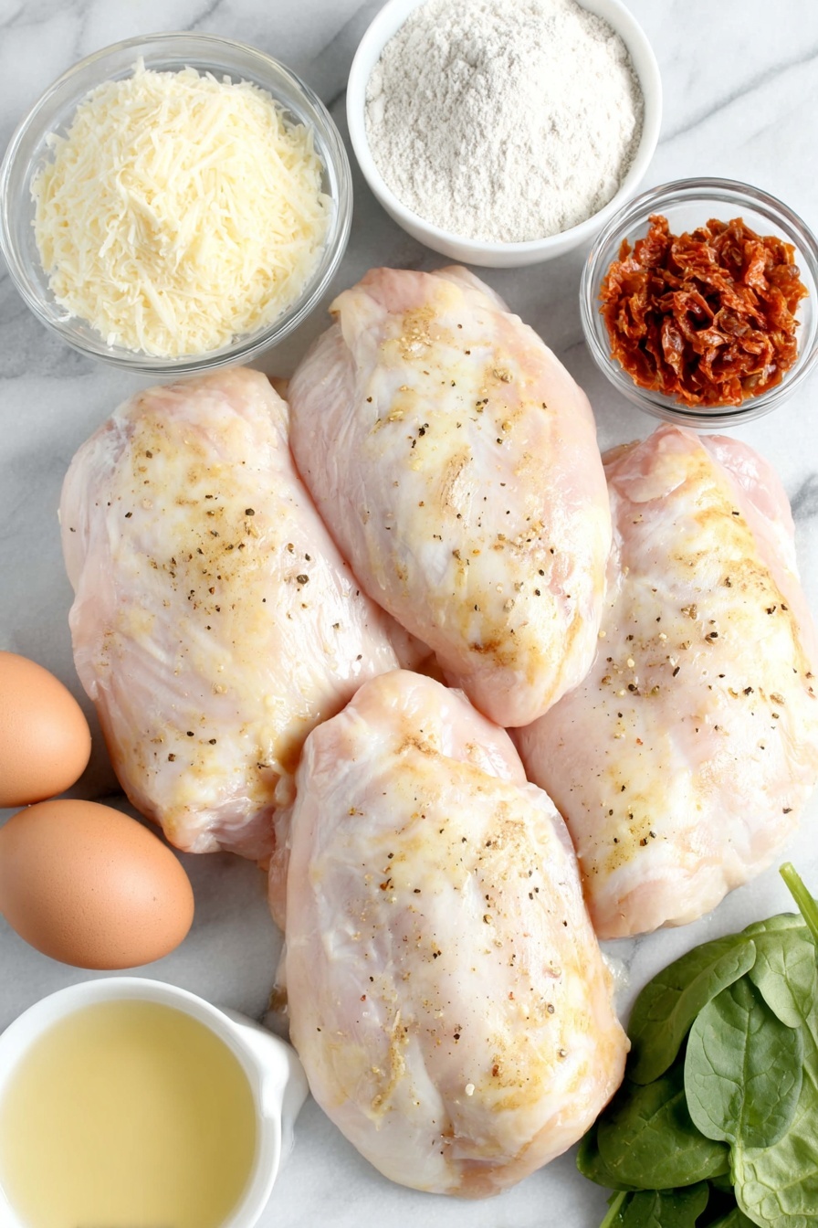 Creamy Tuscan Chicken in Crockpot Recipe 7 Flat lay of four raw boneless skinless chicken breasts seasoned with cracked black pepper and kosher salt, two small piles of dried Italian herbs and onion powder, two whole uncracked brown eggs, a small white bowl of pale yellow all-purpose flour, a small white bowl filled with grated Parmesan cheese, a small white bowl of bright red chopped sun-dried tomatoes, a small white bowl of heavy cream, a small white bowl of clear chicken broth, two whole garlic cloves, a small pile of fresh green baby spinach leaves placed next to each other, all arranged symmetrically around a simple white ceramic bowl of cooked penne pasta, placed on a clean white marble surface, soft natural light, photo taken with an iPhone, professional food photography style, fresh ingredients, white ceramic bowls, no bottles, no duplicates, no utensils, no packaging --ar 2:3 --v 7 --p m7354615311229779997 - Creamy Tuscan Chicken, Crockpot Chicken Recipes, Easy Slow Cooker Chicken, Sun-Dried Tomato Chicken, Spinach Chicken Dinner