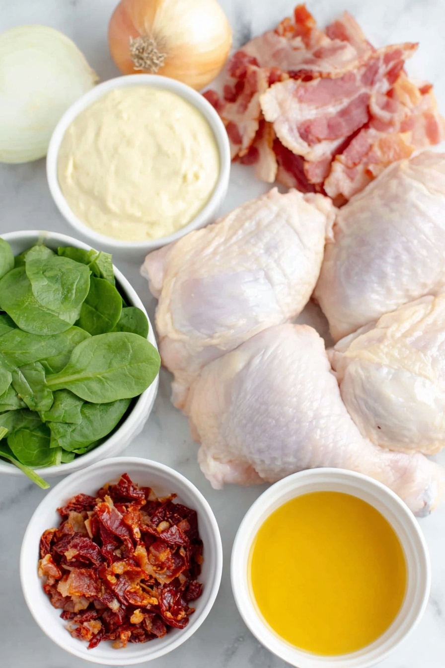 Creamy Tuscan Chicken Recipe 7 Flat lay of two raw chicken thighs with natural skin, two crispy cooked bacon slices, a small bunch of fresh bright green spinach leaves, a white ceramic bowl holding roughly chopped sun-dried tomatoes, a white ceramic bowl with creamy pale cashew cream, a white ceramic bowl with thinly sliced pale yellow onion rings, three whole uncracked brown garlic cloves, a small white ceramic bowl filled with golden avocado oil, and a simple white ceramic dish containing clear chicken stock, all arranged symmetrically and balanced, placed on a clean white marble surface, soft natural light, photo taken with an iPhone, professional food photography style, fresh ingredients, white ceramic bowls, no bottles, no duplicates, no utensils, no packaging --ar 2:3 --v 7 --p m7354615311229779997 - Creamy Tuscan Chicken, Tuscan Chicken dinner, healthy chicken recipes, easy skillet chicken, flavorful chicken with spinach and sun-dried tomatoes