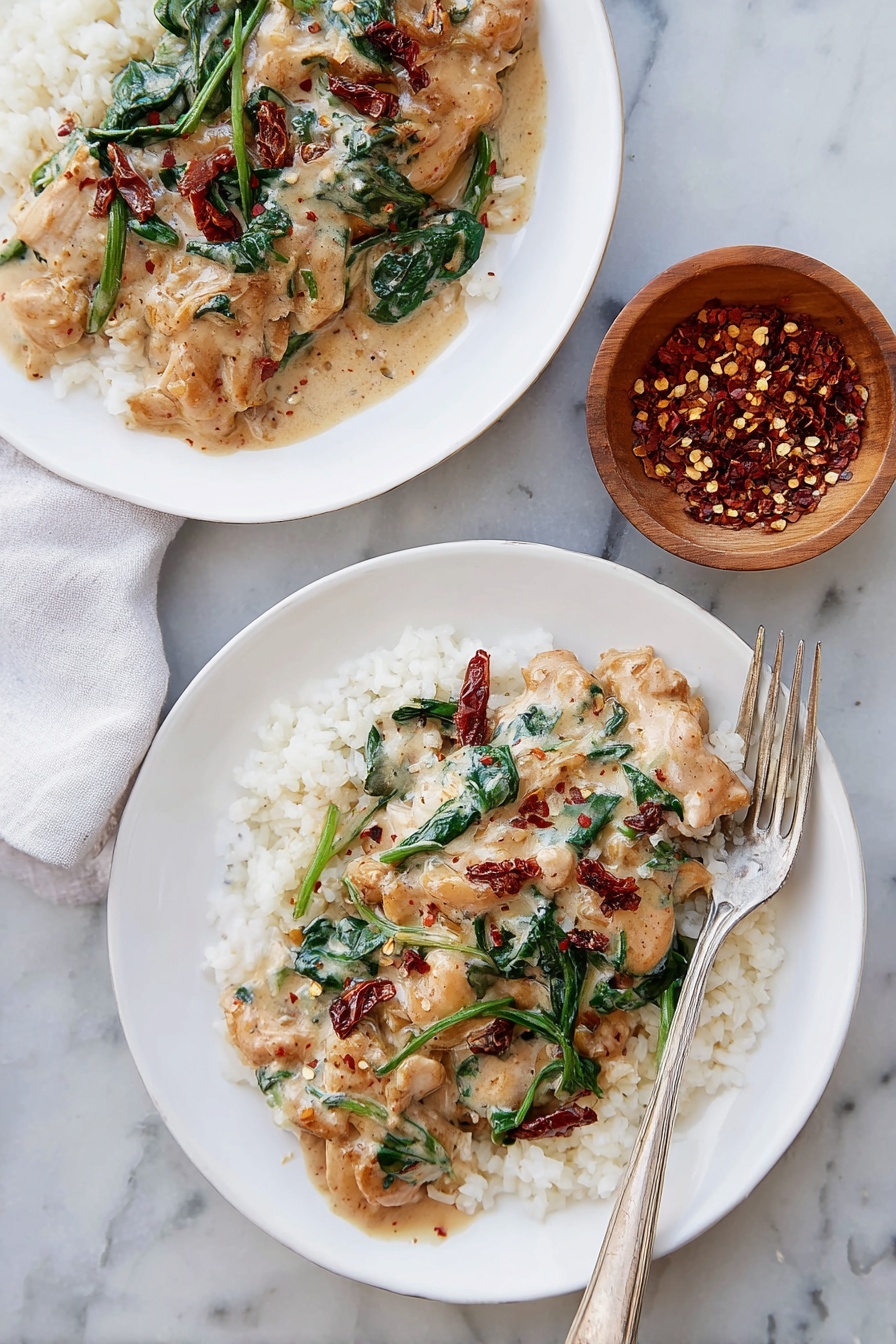 Creamy Tuscan Chicken Recipe 8 There are two white plates on a white marbled surface, each plate has two layers of food: the first layer is white cauliflower rice with a grainy texture on one side of the plate, and the second layer is creamy chicken with a smooth light brown sauce mixed with dark green spinach leaves and small pieces of sun-dried tomatoes on the other side. A silver fork rests on one plate. A small wooden bowl with red chili flakes sits nearby. Photo taken with an iphone --ar 2:3 --v 7 - Creamy Tuscan Chicken, Tuscan Chicken dinner, healthy chicken recipes, easy skillet chicken, flavorful chicken with spinach and sun-dried tomatoes