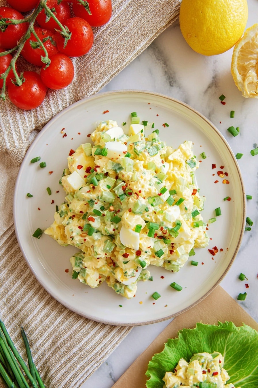 The image shows a close-up of a spoonful of yellow egg salad with small green chopped chives and red pepper flakes, held by a woman’s hand above a plate filled with the same salad. The egg salad consists of chopped boiled eggs coated in a creamy yellow dressing with visible small green pieces. Below the spoon, part of a sandwich on a slice of bread is visible, topped with bright green lettuce and a generous layer of egg salad. In the background, a half lemon and a bowl of green herbs sit on a white marbled surface. A small piece of a red tomato wedge is also visible in the foreground. Photo taken with an iphone --ar 2:3 --v 7 - Cottage Cheese Egg Salad Chicken Salad Healthy Egg Salad High-Protein Egg Salad