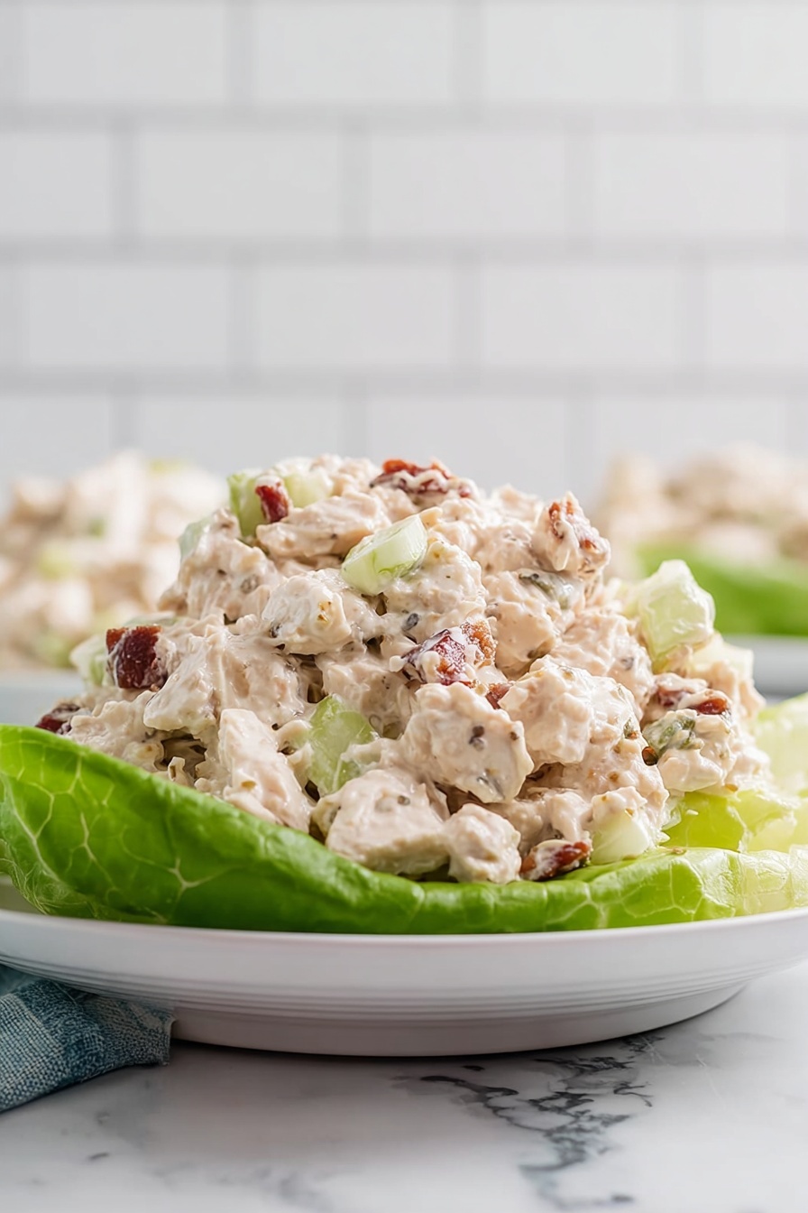 Southern Chicken Salad with Pecans Recipe 6 A white plate with a single large green lettuce leaf on the bottom, holding a creamy chicken salad piled high in the center. The chicken salad has a light beige color with visible chunks of white chicken, small bits of celery in pale green, and pieces of reddish-brown nuts or bacon mixed throughout. The creamy texture looks soft and moist, with a few pepper specks scattered in the salad. The background has a white marbled surface and a white tiled wall, giving a clean and bright look. Photo taken with an iphone --ar 2:3 --v 7 - Southern Chicken Salad with Pecans, chicken salad with pecans, southern chicken salad, pecan chicken salad recipe, comforting chicken salad
